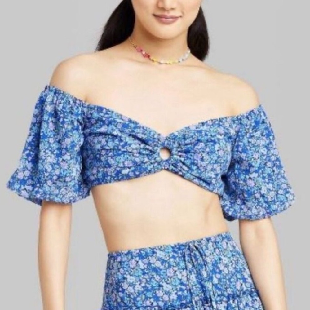 Wild Fable Blue Floral Puff Sleeve Sweetheart Neck Crop Top Extra Small NWT